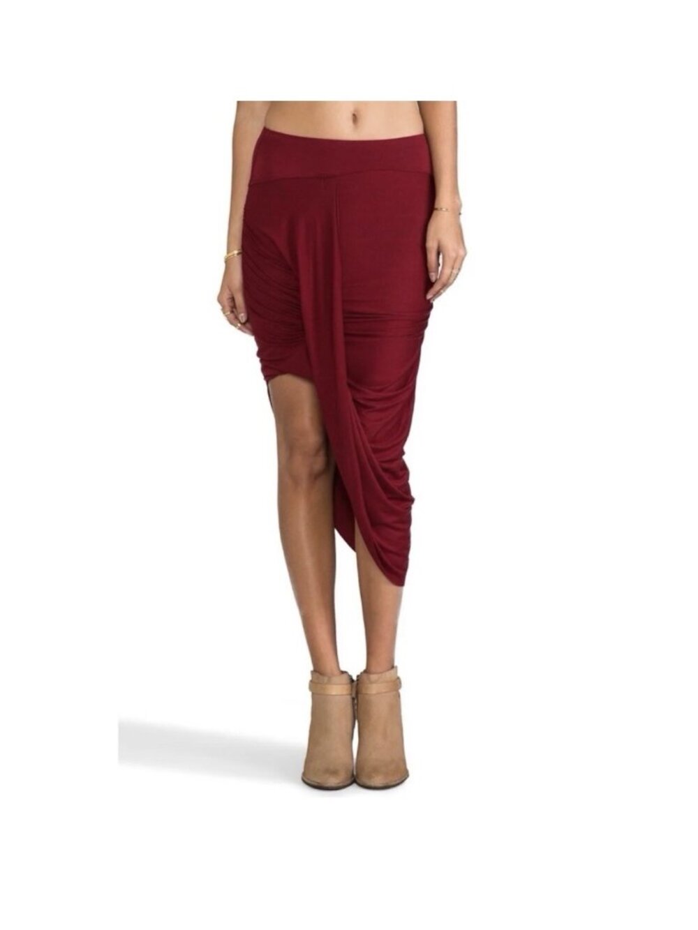 Free People Burgundy Red Ruched Draped Asymmetrical Midi Skirt Stretch Xs